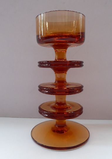 Stylish 1970s SHERINGHAM WEDGWOOD GLASS Topaz or Amber Candlestick by Stennett-Wilson. 6 inches high