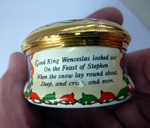 1990 Halcyon Days Enamels Christmas Box. Good King Wenceslas. Excellent Vintage Condition