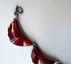 1950s NORWEGIAN Guilloche Enamel and Silver Necklace by Elvik & Co. with 12 Red Shell Shaped Links
