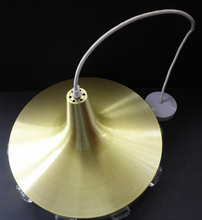 Load image into Gallery viewer, In the manner of Carl Fagerlund. SWEDISH 1960s Gold Tone Pendant  Lampshade with Clear Glass Inclusions and Original Diffuser Below
