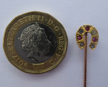 Load image into Gallery viewer, 9CT GOLD. Antique VICTORIAN Horse Shoe Stick Pin with a Fitted Case. Diamond &amp; Ruby Chips
