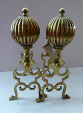Load image into Gallery viewer, Aesthetic Movement Brass Fire Dogs or Antique Andirons with Large Ribbed Balls Finials
