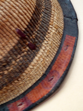 Load image into Gallery viewer, Vintage AFRICAN (Ghana) Woven Straw &amp; Leather FULANI Hat with Straps. Nice, clean condition
