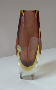 8 inches. Vintage 1960s MURANO Mandruzzato Sommerso Facet Cut Vase. Double Cased with Aubergine and Yellow Layers. Original Label