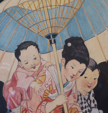 Load image into Gallery viewer, 1930s Art Deco Watercolour Japanese Lady and Children with a Parasol 
