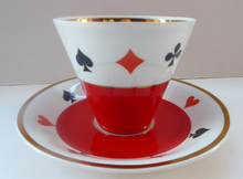Load image into Gallery viewer, Four Polish CHODZIEZ Mid-Century Porcelain Tea Cups and Saucers. Playing Cards Design for BRIDGE
