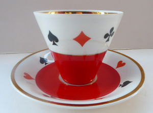 Four Polish CHODZIEZ Mid-Century Porcelain Tea Cups and Saucers. Playing Cards Design for BRIDGE