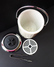 Load image into Gallery viewer, Vintage 1960s JAPANESE White Enamel Ice Bucket with Atomic Design. Original plastic drip tray and chrome tongs

