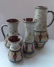Load image into Gallery viewer, Vintage 1970s West German Pottery Handled Vase or Pitcher. JASBA WARE with Orange Polka Dot Pattern. 10 inches high
