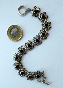 Vintage SOLID SILVER Bracelet with Abstract Floral Design & Black Enamel Details. SIGNED; probably Scandinavian