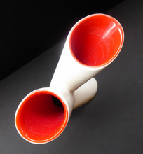 Load image into Gallery viewer, Rare 1950s Vintage SYLVAC Cross Shaped Bud Vase - with Abstract Yellow &amp; Black Pattern and Glossy Red Interior
