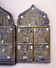 Load image into Gallery viewer, Antique RUSSIAN Orthodox Polychrome Enameled Brass PILGRIMS Travelling Icon
