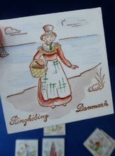 Load image into Gallery viewer, Vintage DANISH Miniature Ceramic Tiles. Folk Art Images of Ladies Working. Each Wears a Regional Costume
