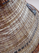 Load image into Gallery viewer, Vintage AFRICAN (Ghana) Woven Straw &amp; Leather FULANI Hat with Straps. Nice, clean condition
