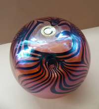 Load image into Gallery viewer, JOHN DITCHFIELD GLASFORM Globular Vase. Pink with Gold Lustre and Feathered Stripe Trails. Signed and with Paper Label
