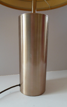 Load image into Gallery viewer, 1960s Vintage Table Lamp with Tubular Gold Tone Metal Cylindrical Body and Original Metallic Stripes Drum Shade
