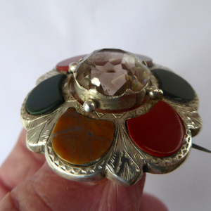 SCOTTISH SILVER: Victorian Agate & Old Silver Brooch with Large Central Citrine Stone