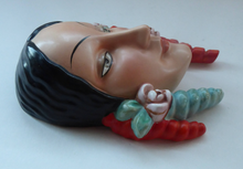 Load image into Gallery viewer, Rare 1930s GOEBEL Pottery Wall Mask. Art Deco Spanish Lady with Fabulous Floral Hair Decorations. LARGER size. 7 inches
