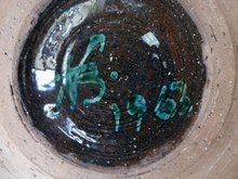 Load image into Gallery viewer,  Vintage 1960s STUDIO POTTERY Shallow Pottery Bowl; Possibly Scandinavian. Signed HS / 1963
