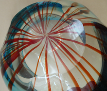 Load image into Gallery viewer, Unusual Chunky Blue Glass Bowl with Flat Polished Pontil Base - with Red Stripes from the Centre. Probably Italian, Murano
