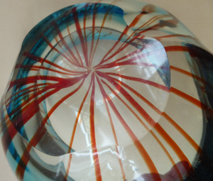 Unusual Chunky Blue Glass Bowl with Flat Polished Pontil Base - with Red Stripes from the Centre. Probably Italian, Murano