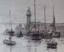 Load image into Gallery viewer, Rowland Langmaid Pencil Signed Etching Newlyn St Michael&#39;s Mount Cornwall
