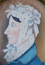Load image into Gallery viewer, ANTIQUE Portrait Miniature of a Lady in a Cap. Watercolour Study in Antique Black Wooden Frame with Acorn Hanging Ring; c 1830s
