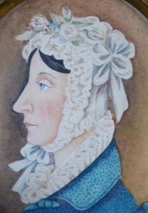 ANTIQUE Portrait Miniature of a Lady in a Cap. Watercolour Study in Antique Black Wooden Frame with Acorn Hanging Ring; c 1830s