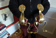 Load image into Gallery viewer, Quirky Pair of VICTORIAN Brass Andirons or Fire Dogs. Strange Art Nouveau / Arts &amp; Crafts Undulating Shape
