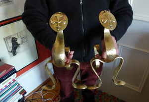 Quirky Pair of VICTORIAN Brass Andirons or Fire Dogs. Strange Art Nouveau / Arts & Crafts Undulating Shape
