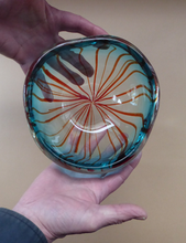 Load image into Gallery viewer, Unusual Chunky Blue Glass Bowl with Flat Polished Pontil Base - with Red Stripes from the Centre. Probably Italian, Murano
