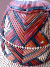 Load image into Gallery viewer, Vintage AFRICAN (Ghana) Woven Straw &amp; Leather FULANI Hat with Straps. Nice, clean condition

