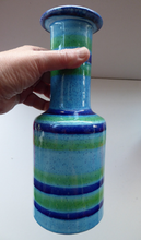 Load image into Gallery viewer, 1970s Vintage Italian BALDELLI POTTERY Vase with Turquoise, Emerald Green and Royal Blue Horizontal Stripes and Tall Chimney Shaped Neck

