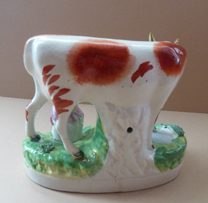 Genuine ANTIQUE STAFFORDSHIRE Figurine. Woman / Milkmaid with Large Cow by a Stream; 1880s