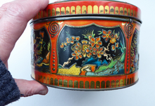Load image into Gallery viewer, Large Circular VINTAGE Gray Dunn Biscuit Tin, with Japanese / Art Nouveau Decorations. Aesthetic Movement Colours
