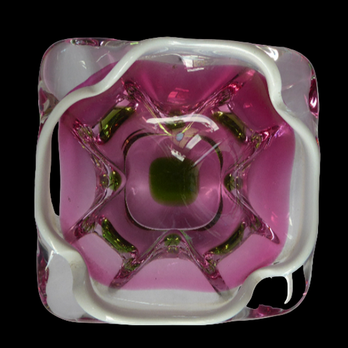 Josef HOSPODKA / Chribska; Czechoslovakia. Vintage 1960s Bowl with Green and Cranberry Colours Cased in Clear - with white rim 