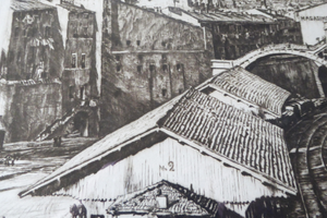 SCOTTISH Art. Original Etching / Drypoint by MUIRHEAD BONE (1876-1953). Railway Sheds, Marseilles; 1937. Pencil Signed