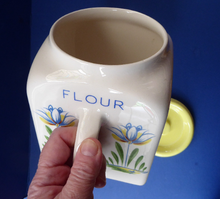 Load image into Gallery viewer, 1950s BRISTOL POTTERY Kitchen Canister or Storage Jar. Vintage Old Delft Tulip Design with Carrying Handle. FLOUR
