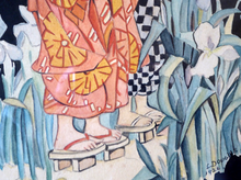 Load image into Gallery viewer, 1930s Art Deco Watercolour Japanese Lady and Children with a Parasol 
