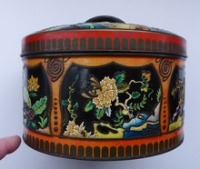 Load image into Gallery viewer, Large Circular VINTAGE Gray Dunn Biscuit Tin, with Japanese / Art Nouveau Decorations. Aesthetic Movement Colours
