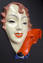 Load image into Gallery viewer, ART DECO Royal Dux, Czechoslovakia Wall Mask. 1930s Lady with Strange Hollow Eyes and Abstract Orange Borzoi Hound Dog
