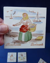Load image into Gallery viewer, Vintage DANISH Miniature Ceramic Tiles. Folk Art Images of Ladies Working. Each Wears a Regional Costume
