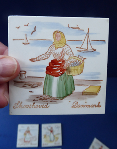 Vintage DANISH Miniature Ceramic Tiles. Folk Art Images of Ladies Working. Each Wears a Regional Costume