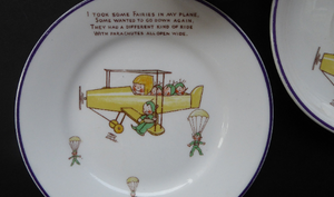 Rare 1930s SHELLEY POTTERY Mabel Lucie Attwell Boo-Boos Matched Trio: Cup, Saucer & Side Plate. Aeroplane Design