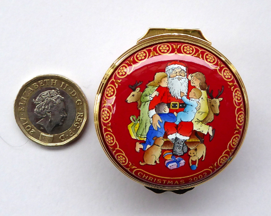 Vintage Halcyon Days Enamels Christmas Box. Santa Visiting Children at Christmas. Excellent Condition