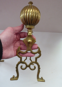 Aesthetic Movement Brass Fire Dogs or Antique Andirons with Large Ribbed Balls Finials