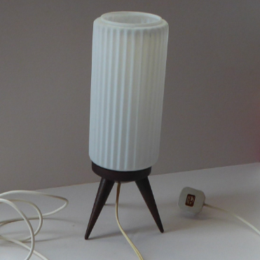 1950s Scandinavian Style Table Lamp with Rosewood Tripod Feet and Tall Fluted White Glass Shade