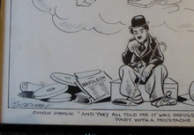 Load image into Gallery viewer, Original Pen Cartoon for Sale by Sidney Strube. Charlie Chapin as the Great Dictator

