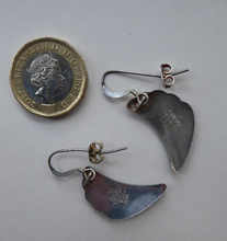 Load image into Gallery viewer, 1950s NORWEGIAN Guilloche Enamel and Silver Drop Earrings by Elvik &amp; Co. Red Shell Shaped for Pierced Ears with Silver Hooks
