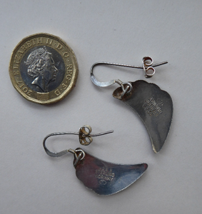 1950s NORWEGIAN Guilloche Enamel and Silver Drop Earrings by Elvik & Co. Red Shell Shaped for Pierced Ears with Silver Hooks